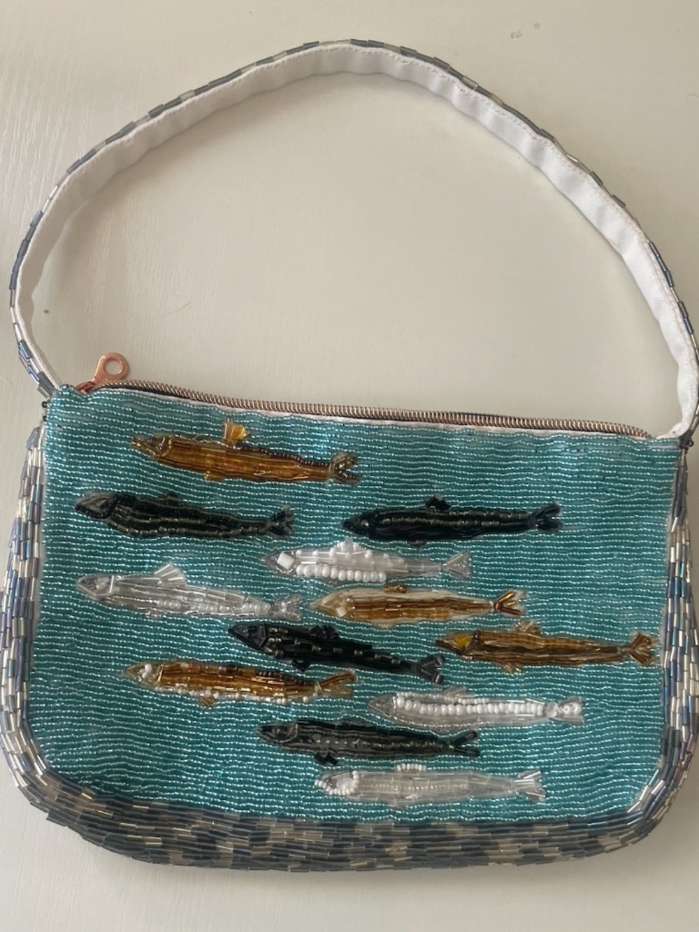 Beaded sardine clutch shoulder bag